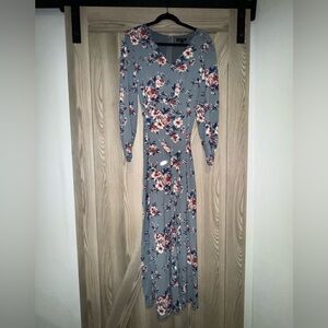 As U Wish Gray/blue Floral Long Sleeve Jumpsuit